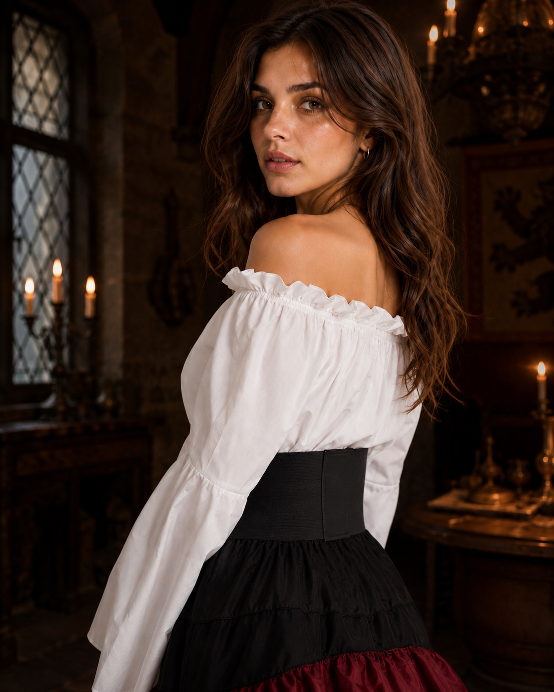 3Pcs Medieval Pirate Costume - Elizabeth Rose Embroidery Corset Ruffled Outfit